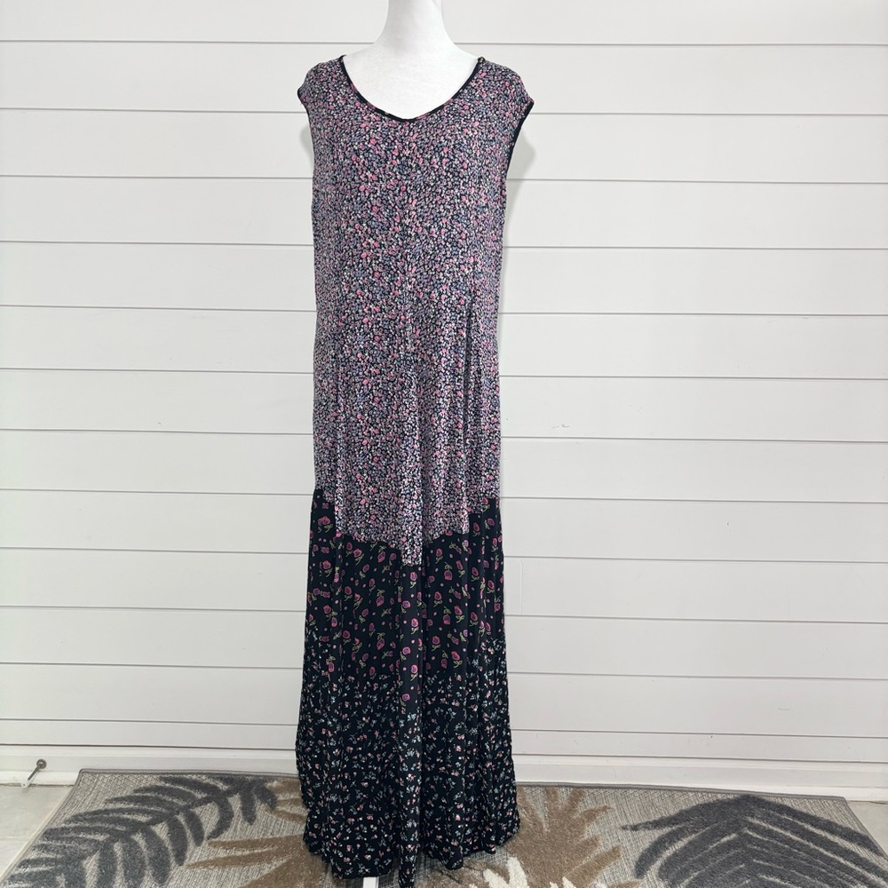 Starina Vintage Black Maxi Dress with Pink‎ Floral Print size M